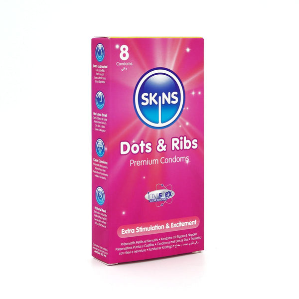 A pink rectangular box of SKINS Dots & Ribs Premium Condoms, featuring a blue circular SKINS logo and white text, set against a plain white background.