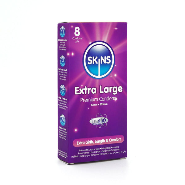 Box of Skins Extra Large Premium Condoms on a white background