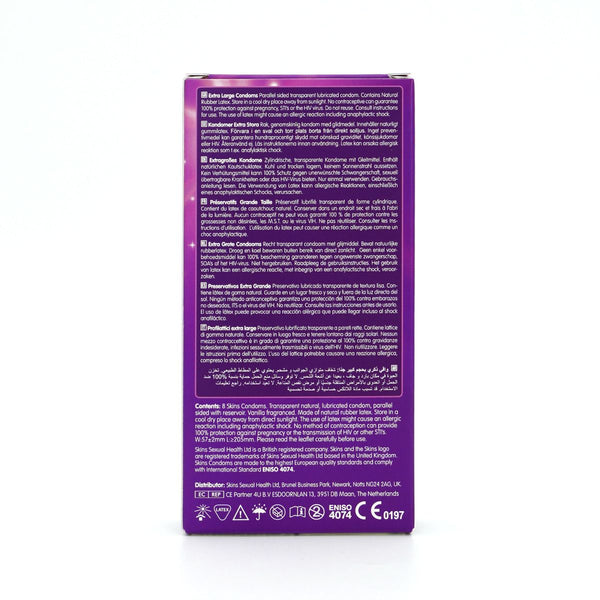 Purple packaging with text and symbols on a white background