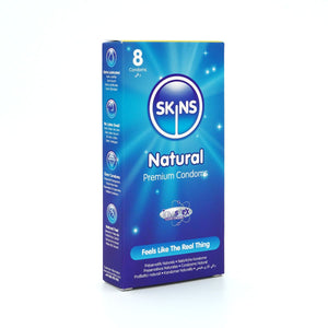 A box of SKINS Natural Premium Condoms, 8-count, featuring a blue and purple gradient design with white text and a central circular logo.