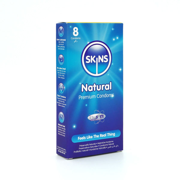 A box of SKINS Natural Premium Condoms, 8-count, featuring a blue and purple gradient design with white text and a central circular logo.