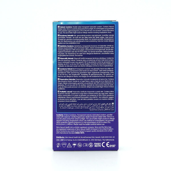 Blue rectangular box of Skins condoms with text on a white background