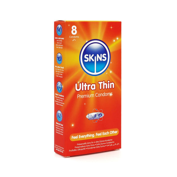 Box of Skins Ultra Thin condoms on a white background