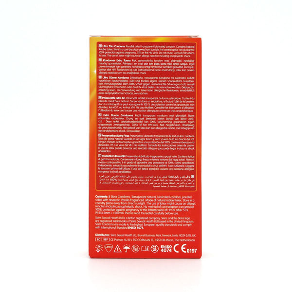 The back of a red and orange box of Skins condoms with dense white text, photographed against a plain white background.