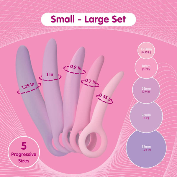 Diagram with a pink background of the Size Guide for the Skins Care dilator set