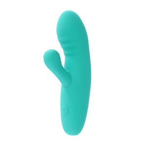 Skins touch rabbit vibrating sex toy in teal against a white background. 