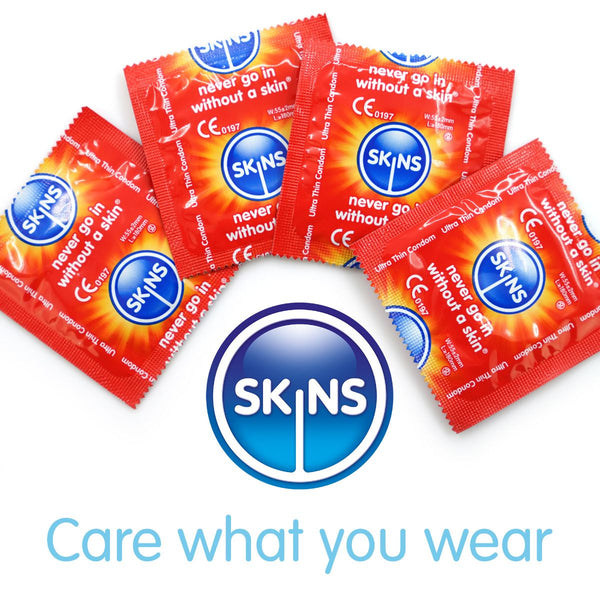 Red packets with Skins logo and text on a white background