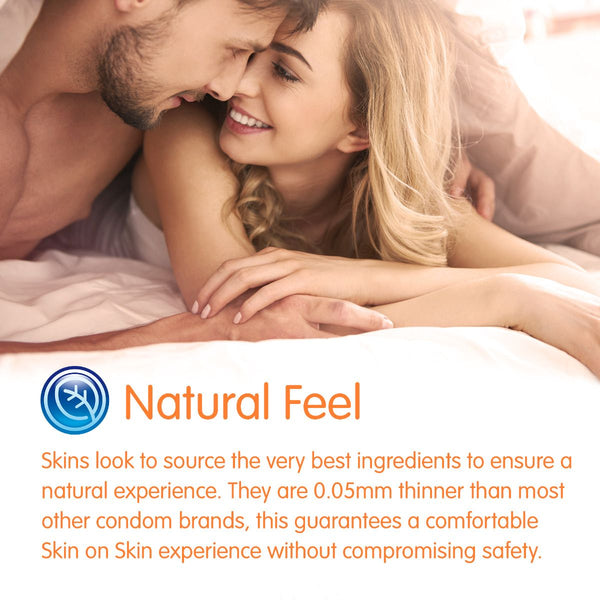 Couple embracing under a blanket with 'Natural Feel' branding and product description.