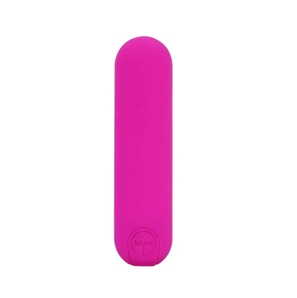 Pink Skins Super Excite Rechargeable Micro Vibrator shown vertical on a white background.