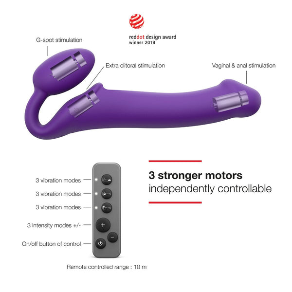 Purple dual-stimulation personal massager with labeled features including G-spot stimulation, extra clitoral stimulation, and vaginal & anal stimulation, shown with a remote control and marketing text on a white background.