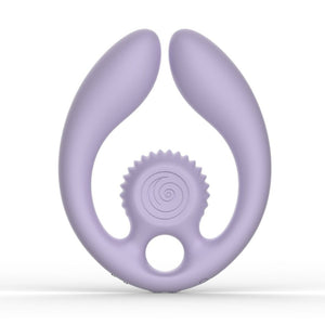 Product flat lay of the Svibe Snail Gizi Duo, a dual vibrator made couples, on a white background. 
