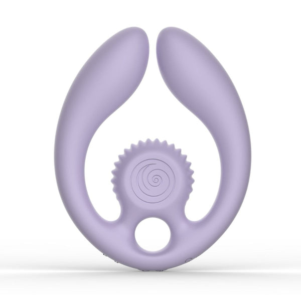 Product flat lay of the Svibe Snail Gizi Duo, a dual vibrator made couples, on a white background. 