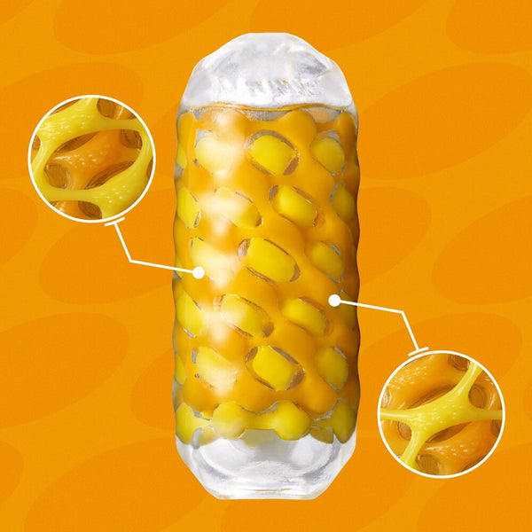 Close up of a Tenga Arte Weave out of its packaging, yellow/orange theme. Two extra close ups of the texture.