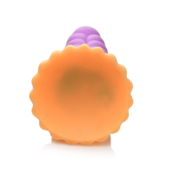 Below view of the ribbed Mystique Unicorn Silicone Dildo in a pink/blue/orange colour scheme. Close up of the textured base in orange.