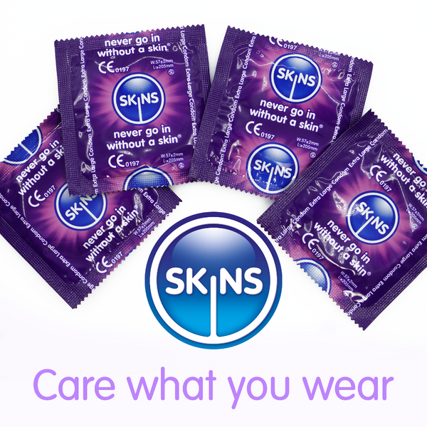 Multiple Skins brand condoms on a white background with the brand logo and slogan.