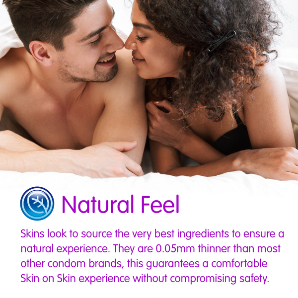 Couple embracing with 'Natural Feel' branding and product description text.