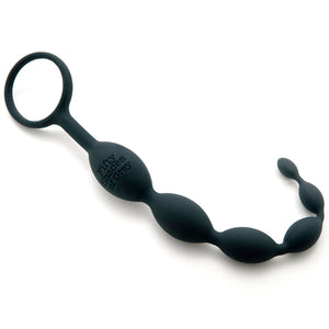 50 Shades of Grey silicone anal beads featuring 6 graduating beads and wide ring base with a slight bend on the last three beads on a white background