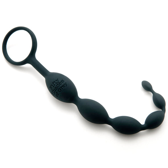 50 Shades of Grey silicone anal beads featuring 6 graduating beads and wide ring base with a slight bend on the last three beads on a white background