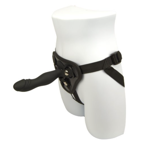 Picture of a Loving Joy 6"  suction cup silicone strap on dildo in black strapped onto a black harness and fitted to a mannequin - Sex Siopa, Ireland's best sex toys and lubricants