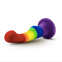 Load image into Gallery viewer, Avant Rainbow Pride purple blue green yellow orange red striped Dildo lying on side made from platinum cured silicone 