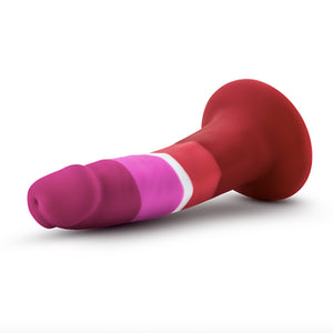 Avant lesbian pride flag realistic platinum silicone purple gold blue dildo with balls and suction cup base lying on side on white background