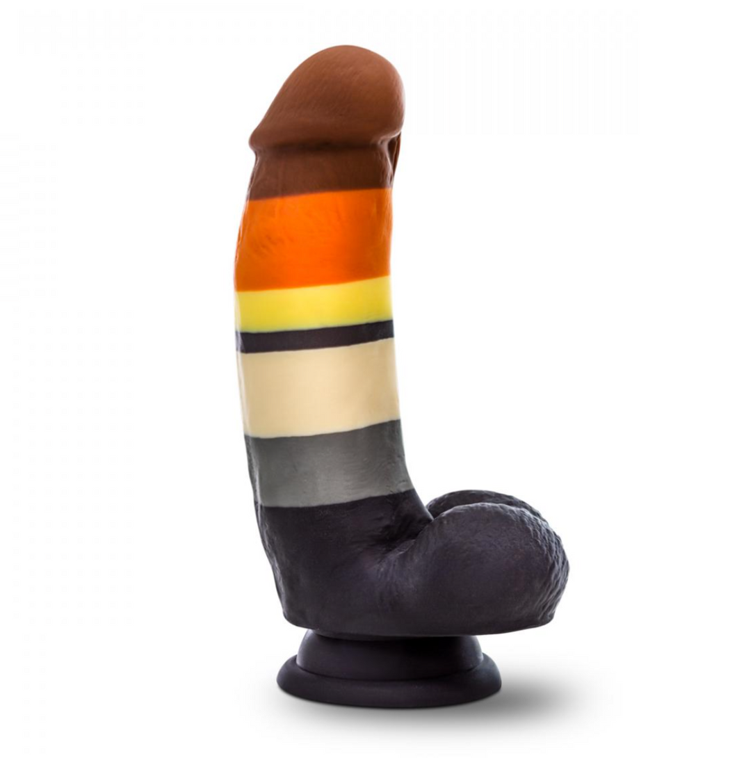 Avant Bear Pride realistic silicone dildo with a suction cup base standing upright on white background