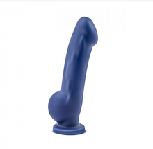Load image into Gallery viewer, Avant Ergo realistic silicone purple blue dildo with balls and suction cup base standing upright on white background 