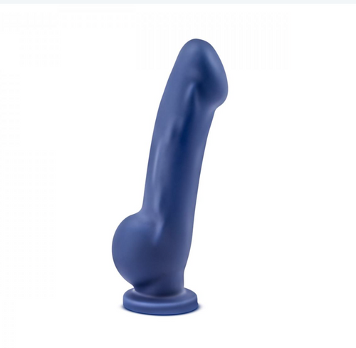 Avant Ergo realistic silicone purple blue dildo with balls and suction cup base standing upright on white background 