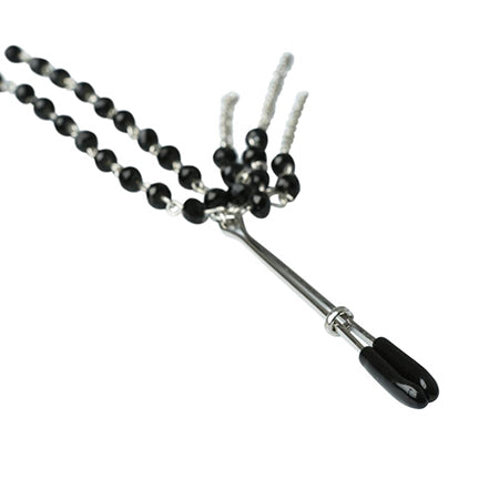 Detailed close up of jewelled BDSM nipple clamp by Sportsheets, black and metallic on a white background - Sex Siopa, Ireland's Best Sex Toys in Dublin