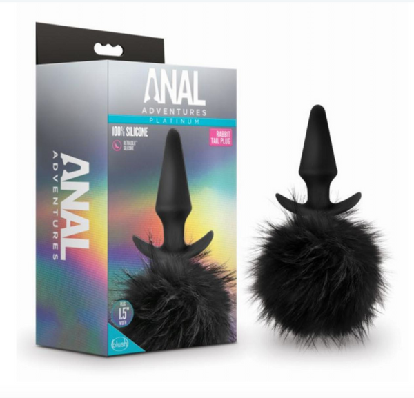 Blush Anal Adventures platinum silicone butt plug with a faux fur black rabbit tail, shown alongside its packaging - Sex Siopa is Ireland's best adult shop for bodysafe sex toys and lubricants