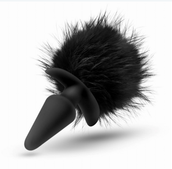 Diagonal view of a Blush Anal Adventures platinum silicone butt plug with a faux fur black rabbit tail - Sex Siopa is Ireland's best adult shop for bodysafe sex toys and lubricants