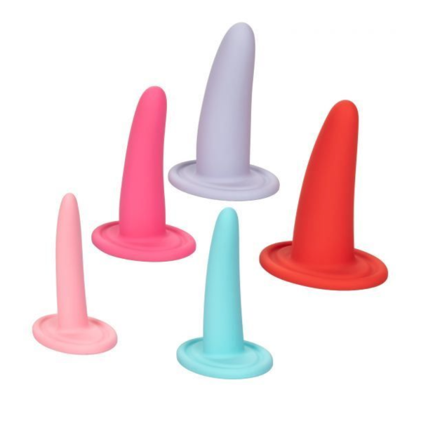 The Calexotics Sheology wearable silicone vaginal dilator set in pink, red, blue, and purple. Five dilators spread out on a white background - Sex Siopa, Ireland's best sex toys and accessories