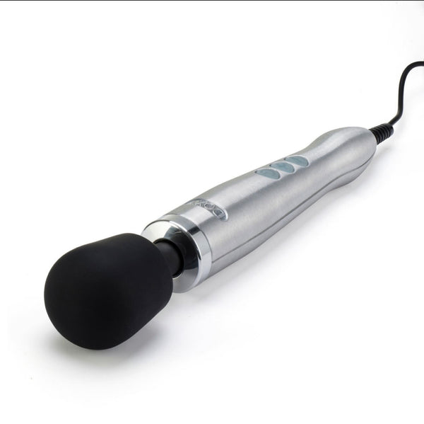 Side view of a silver Doxy Diecast Powerful Mains Powered Wand Vibrator and Massager. With a black bodysafe silicone head. All laid on a white background - Sex Siopa, Ireland's best sex toys and accessories.
