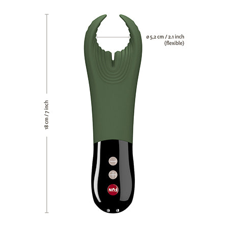 Diagram of measurements of a moss green Fun Factory Manta couples vibrating sex toy with black handle - Sex Siopa Ireland