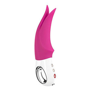 Picture of the Fun Factory Volta Rechargeable Fluttering Vibrator in a raspberry colour scheme with white handle. All on a white background.