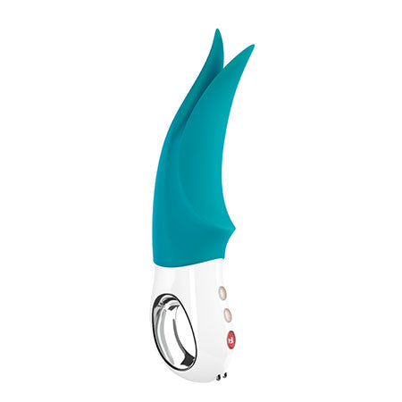 Picture of the Fun Factory Volta Rechargeable Fluttering Vibrator in a turquoise colour scheme with white handle. All on a white background.