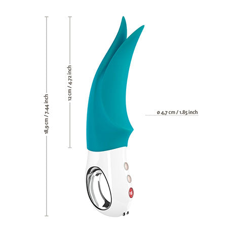 Diagram of a Fun Factory Volta Rechargeable Fluttering Vibrator in a turquoise colour scheme with white handle. Showing the measurements on a white background.