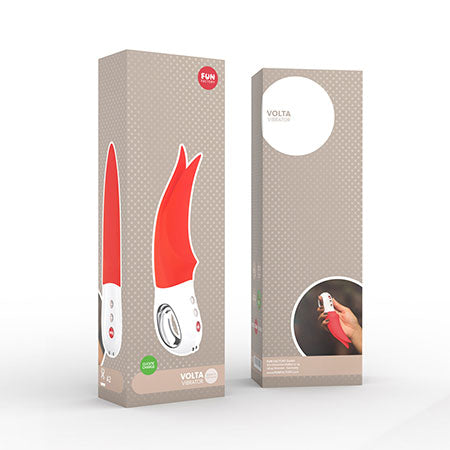 Picture of the Fun Factory Volta Rechargeable Fluttering Vibrator in a red colour scheme with white handle. Set in two examples of packaging on a white background.