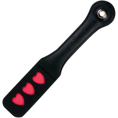 Sportsheets leather BDSM heart spanker in black with red hearts. Paddle on a white background.