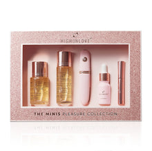 Load image into Gallery viewer, HighOnLove The Minis Pleasure Collection featuring a sensual massage oil, stimulating sensual oil, sensual bath oil, a plumping lip gloss, and a CalExotics mini wand vibrator.