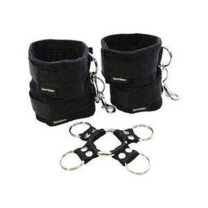 Components of a sportsheets hog tie kit in black on a white background. BDSM. Dublin, Ireland