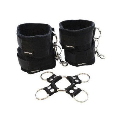 Components of a sportsheets hog tie kit in black on a white background. BDSM. Dublin, Ireland