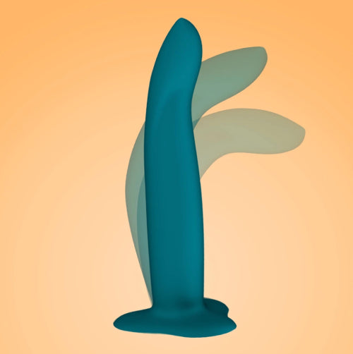Diagram of the different angles of the Fun Factory Limba Flex silicone dildos with suction base for a strap-on harness. Shown in blue on a light orange background. The Limba Flex comes in a small and medium size. Sex Siopa is Ireland's best sex toys and accessories shop. 