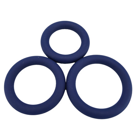A 3 Silicone Cock Rings set from Loving Joy. In navy blue, spread out, and set on a white background - Sex Siopa, Ireland's Best Sex Toys and Lubricants