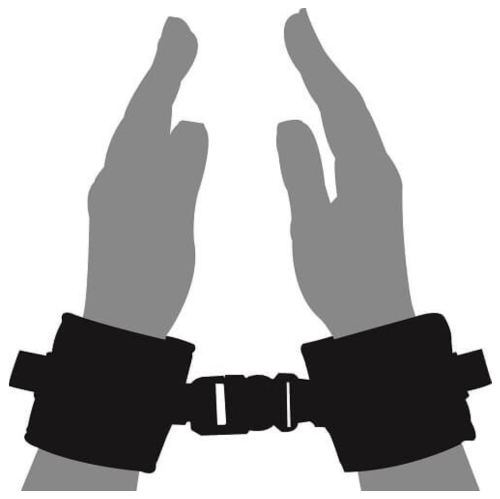 Drawing of grey hands on a white background wearing black wrist cuffs by Loving Joy