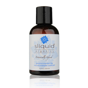 Sliquid Organics Natural water based lube. Brown bottle with a white and blue label. All on a white background.