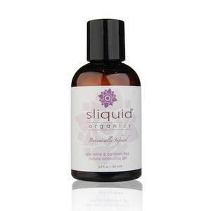 Sliquid Organics Natural Gel water based lube bottle. Brown bottle with a lilac and white label, all on a white background.