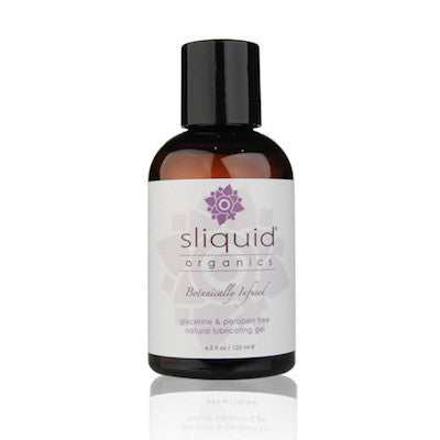 Sliquid Organics Natural Gel water based lube bottle. Brown bottle with a lilac and white label, all on a white background.