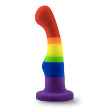 Load image into Gallery viewer, Avant Rainbow Pride purple blue green yellow orange red striped Dildo standing upright made from platinum cured silicone 