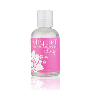 Sliquid Sassy water based lubricant on a white background. Clear bottle and cap with a pink and white label. Hypoallergenic and glycerin & paraben free. Sex Siopa Ireland